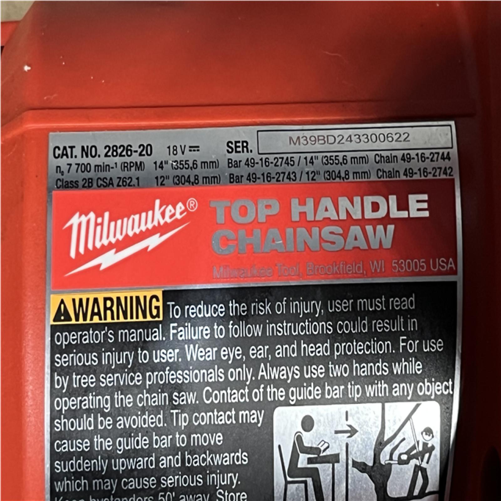 Houston Location AS-IS Milwaukee FUEL 14 in. 18V Lithium-Ion Brushless Cordless Battery Top Handle Chainsaw (Tool Only)