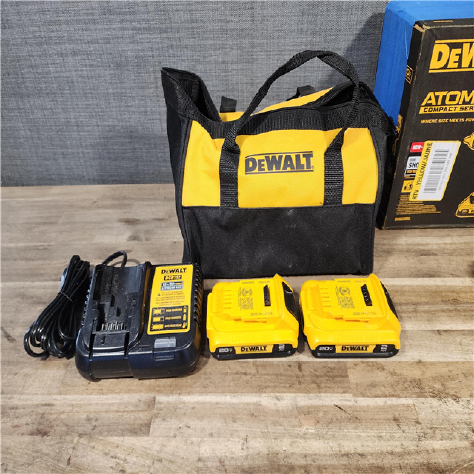 HOUSTON LOCATION - AS-IS Dewalt DCK225D2 20V MAX ATOMIC Brushless Compact Lithium-Ion 1/2 in. Cordless Drill Driver and 1/4 in. Impact Driver Combo Kit with 2 Batteries 2 Ah