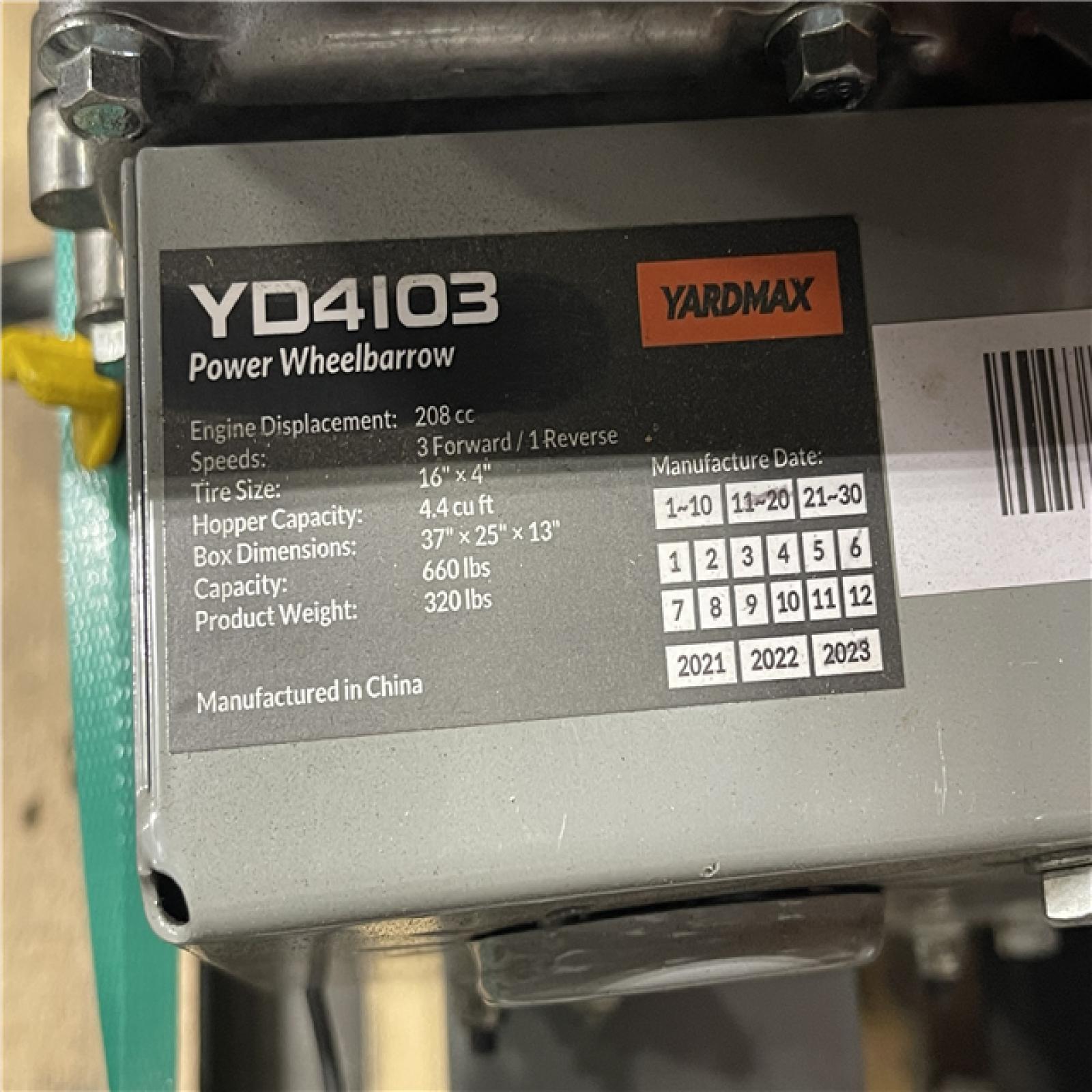 DALLAS LOCATION - LIKE NEW! YARDMAX YD4103 Power Wheelbarrow  660lb. Capacity  Briggs CR950  6.5 hp  208cc