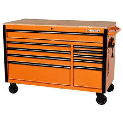 Phoenix Location NEW Husky 52 in. W x 24.5 in. D Standard Duty 10-Drawer Mobile Workbench Tool Chest with Solid Wood Work Top in Gloss Orange