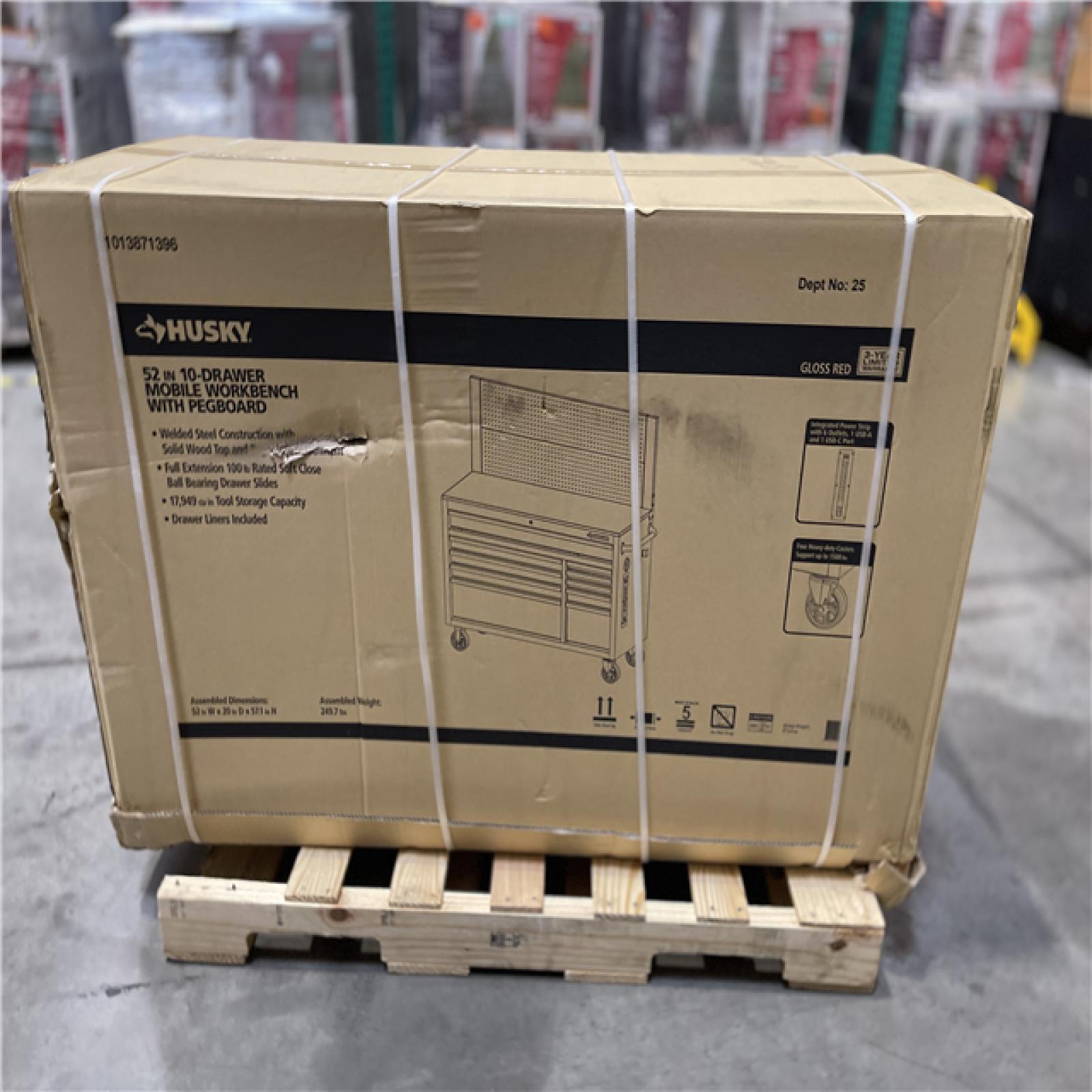 DALLAS LOCATION - Husky 52 in. W 10-Drawer Gloss Red Mobile Workbench Cabinet with Solid Wood Top and Pegboard