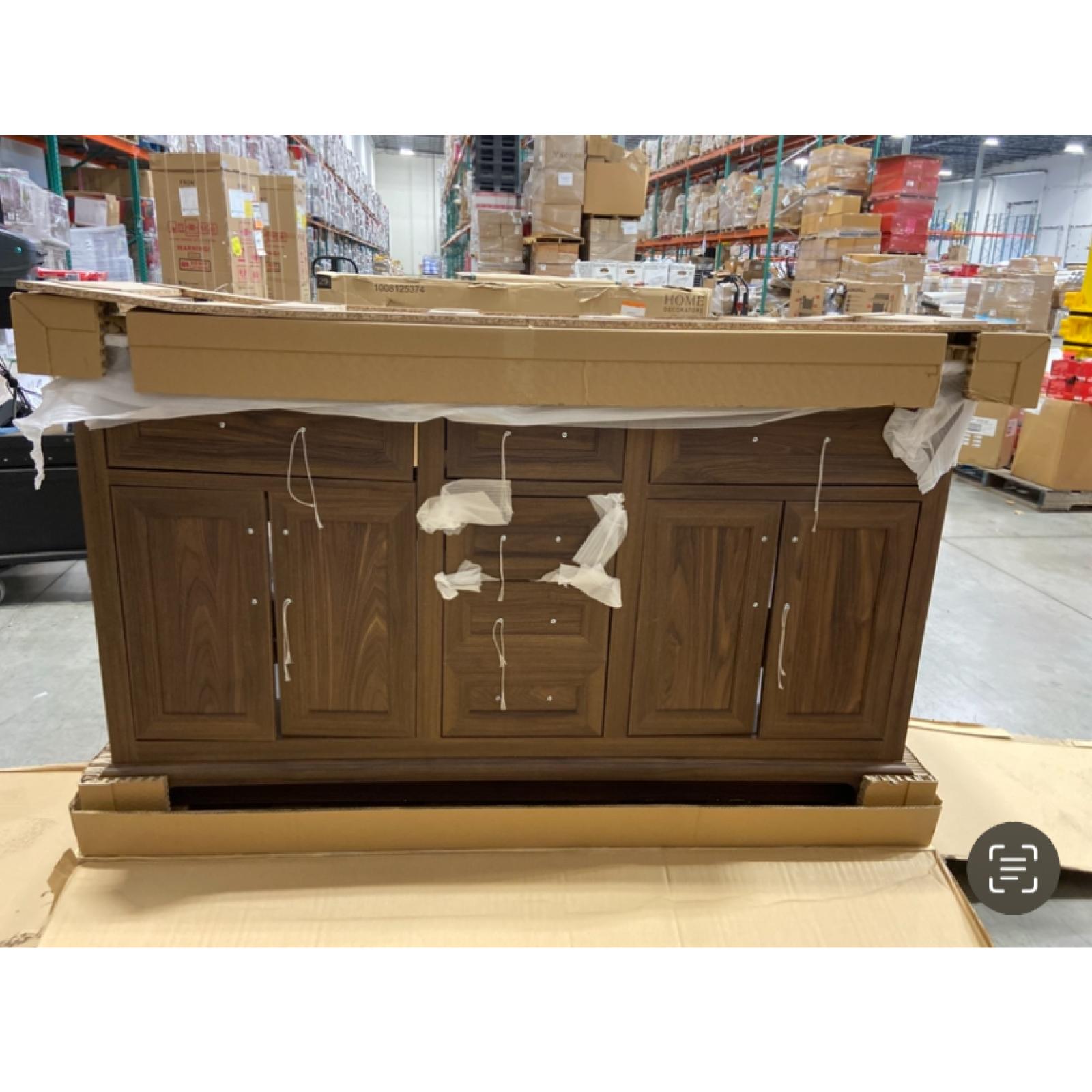 DALLAS LOCATION - Home Decorators Collection Doveton 60 in. Double Sink Dark Walnut Bath Vanity with White Engineered Marble Top (Assembled)