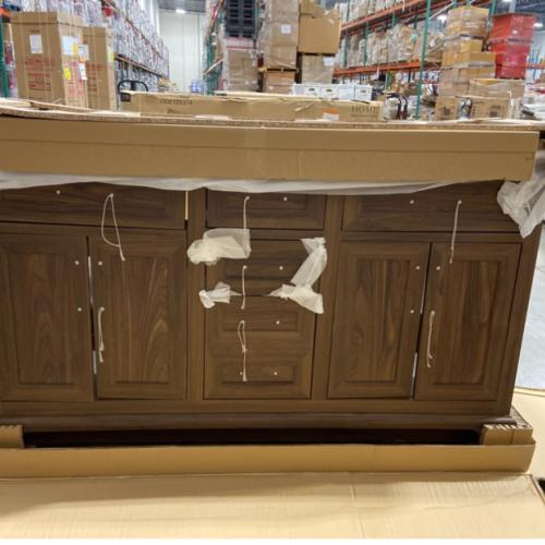 DALLAS LOCATION - Home Decorators Collection Doveton 60 in. Double Sink Dark Walnut Bath Vanity with White Engineered Marble Top (Assembled)