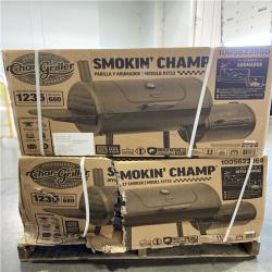 DALLAS LOCATION - Char-Griller Smokin' Champ Charcoal Grill Offset Smoker in Black PALLET -(4 UNITS)