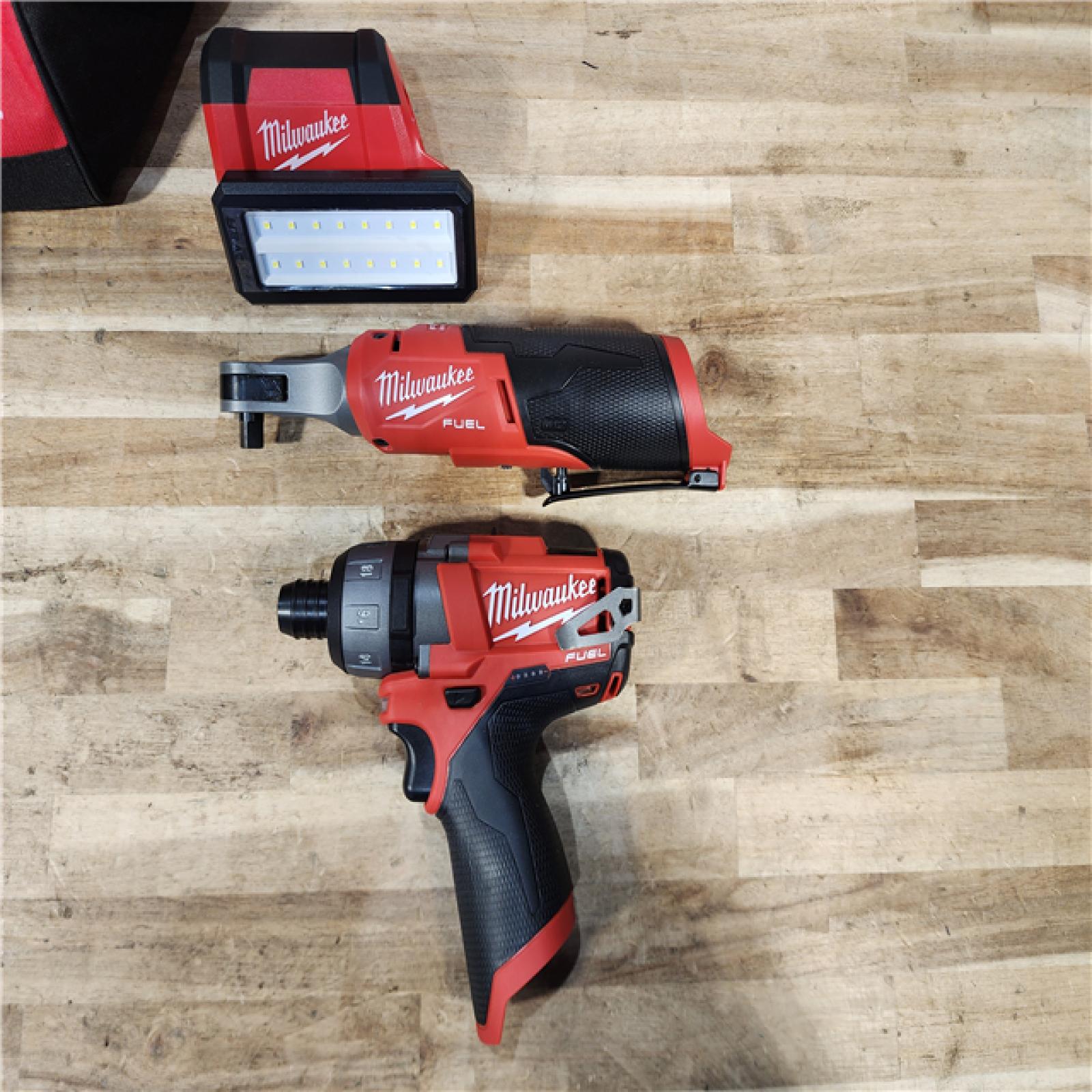 HOUSTON LOCATION - AS-IS (APPEARS LIKE NEW) Milwaukee 12V Lithium-Ion Cordless Screwdriver  3/8 in. High Speed Ratchet  Light Combo Kit