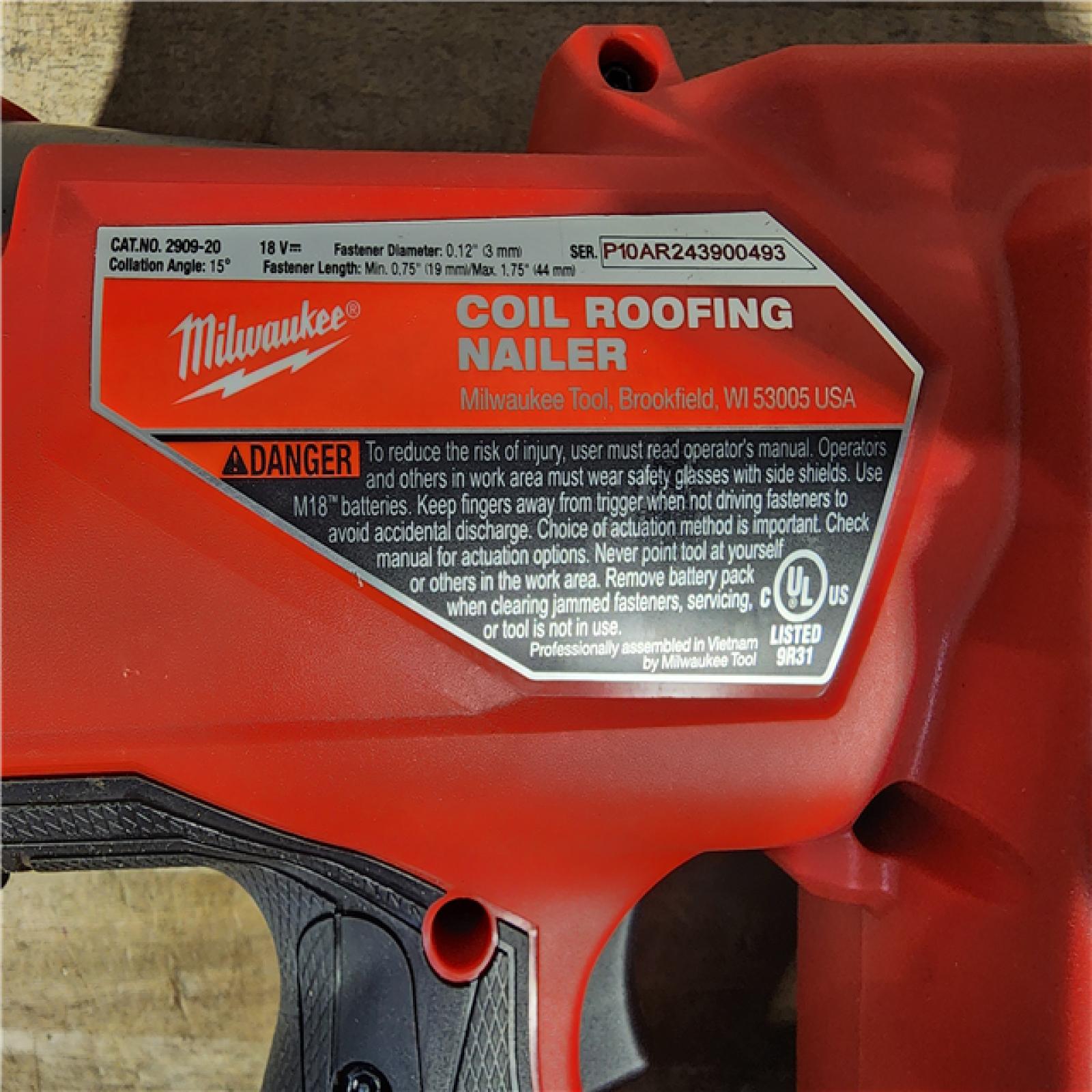 HOUSTON LOCATION - AS-IS (APPEARS LIKE NEW) Milwaukee M18 FUEL Coil Roofing Nailer (TOOL ONLY)
