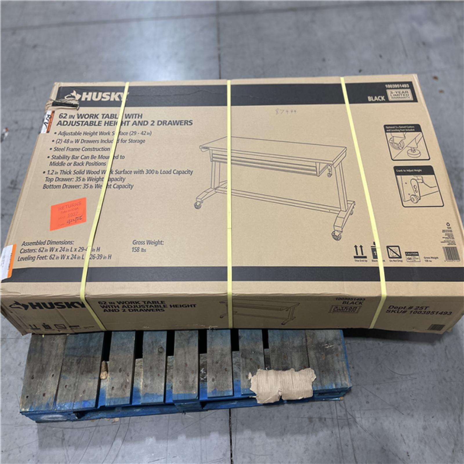 DALLAS LOCATION -Husky 62 in. W x 24 in. D 2-Drawer Adjustable Height Black Workbench Table with Solid Wood Top