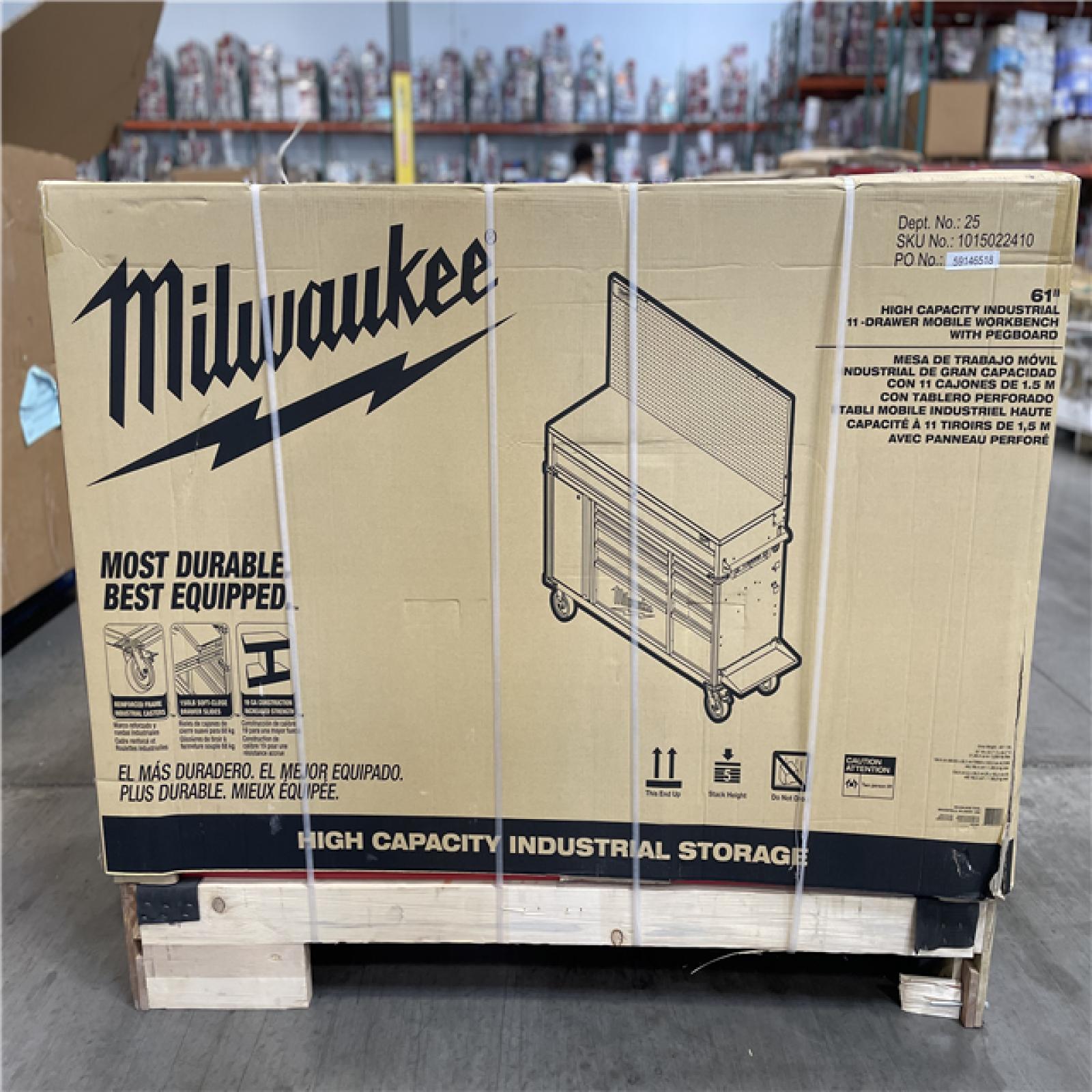 DALLAS LOCATION- AS-IS MILWAUKEE 61 in. W x 22.1 in D 11-Drawer Mobile Workbench Cabinet w/ WoodTop / Pegboard
