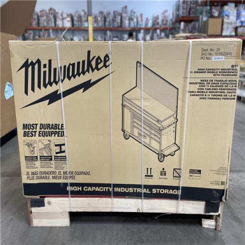 DALLAS LOCATION- AS-IS MILWAUKEE 61 in. W x 22.1 in D 11-Drawer Mobile Workbench Cabinet w/ WoodTop / Pegboard