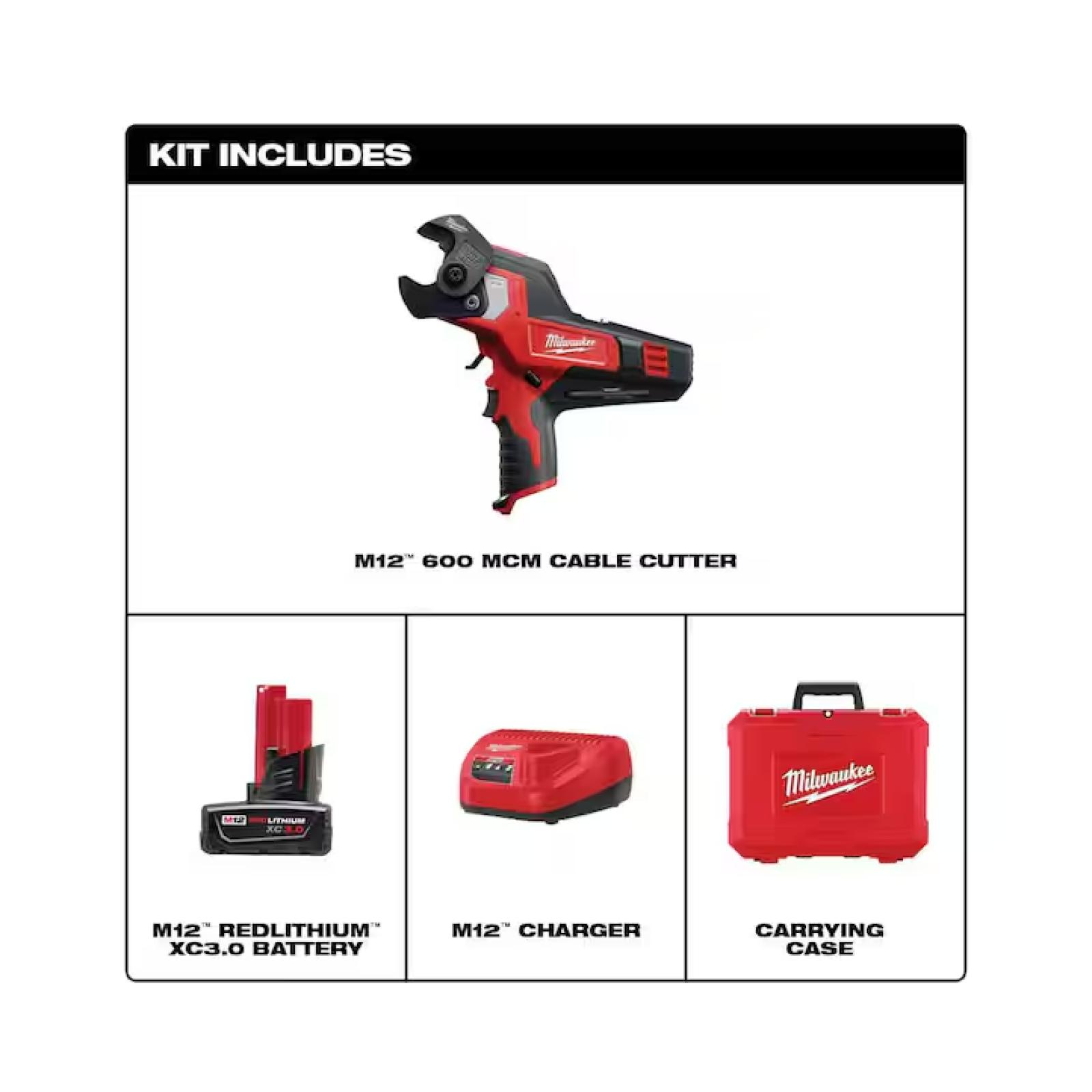 NEW! - Milwaukee M12 12V Lithium-Ion Cordless 600 MCM Cable Cutter Kit with One 3.0Ah Battery  Charger and Hard Case