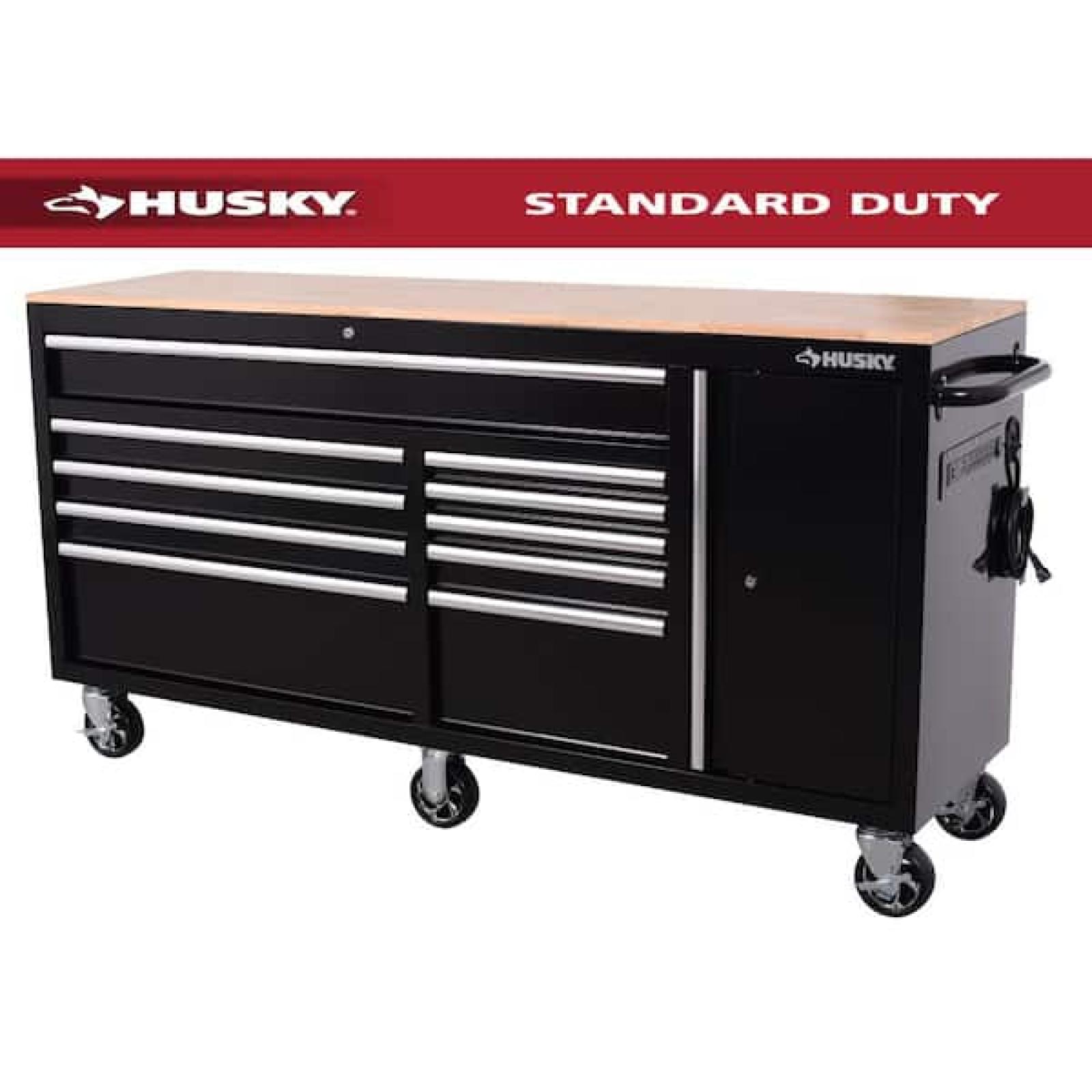 Phoenix NEW Husky Standard Duty 72 in. W x 20 in. D 10-Drawer Gloss Black Mobile Workbench Cabinet with Solid Wood Top