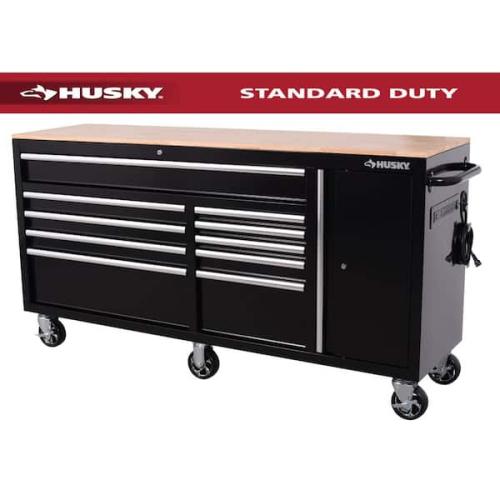 Phoenix NEW Husky Standard Duty 72 in. W x 20 in. D 10-Drawer Gloss Black Mobile Workbench Cabinet with Solid Wood Top