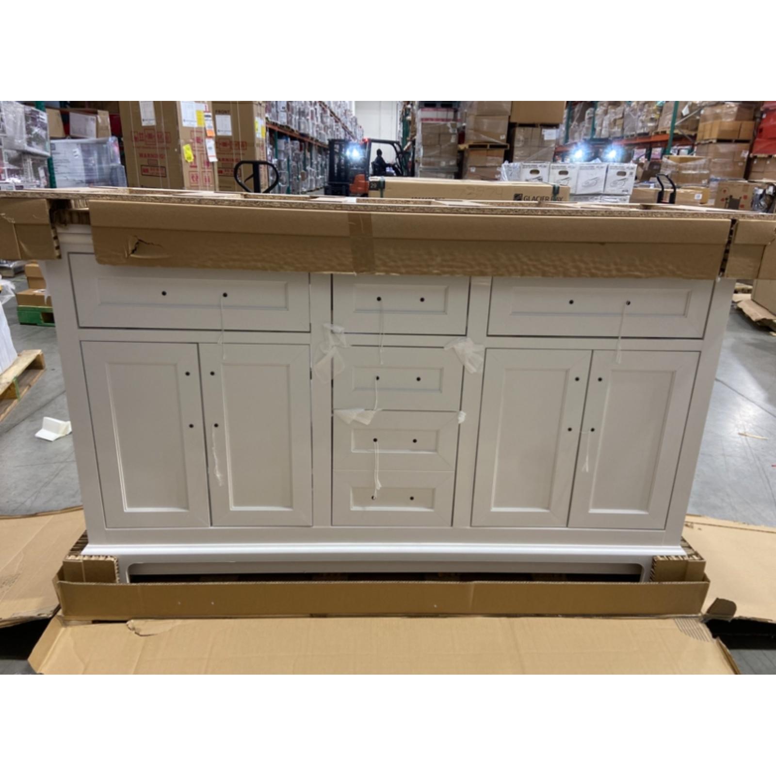 DALLAS LOCATION - Home Decorators Collection Doveton 60 in. Double Sink Freestanding White Bath Vanity with White Engineered Marble Top (Assembled)