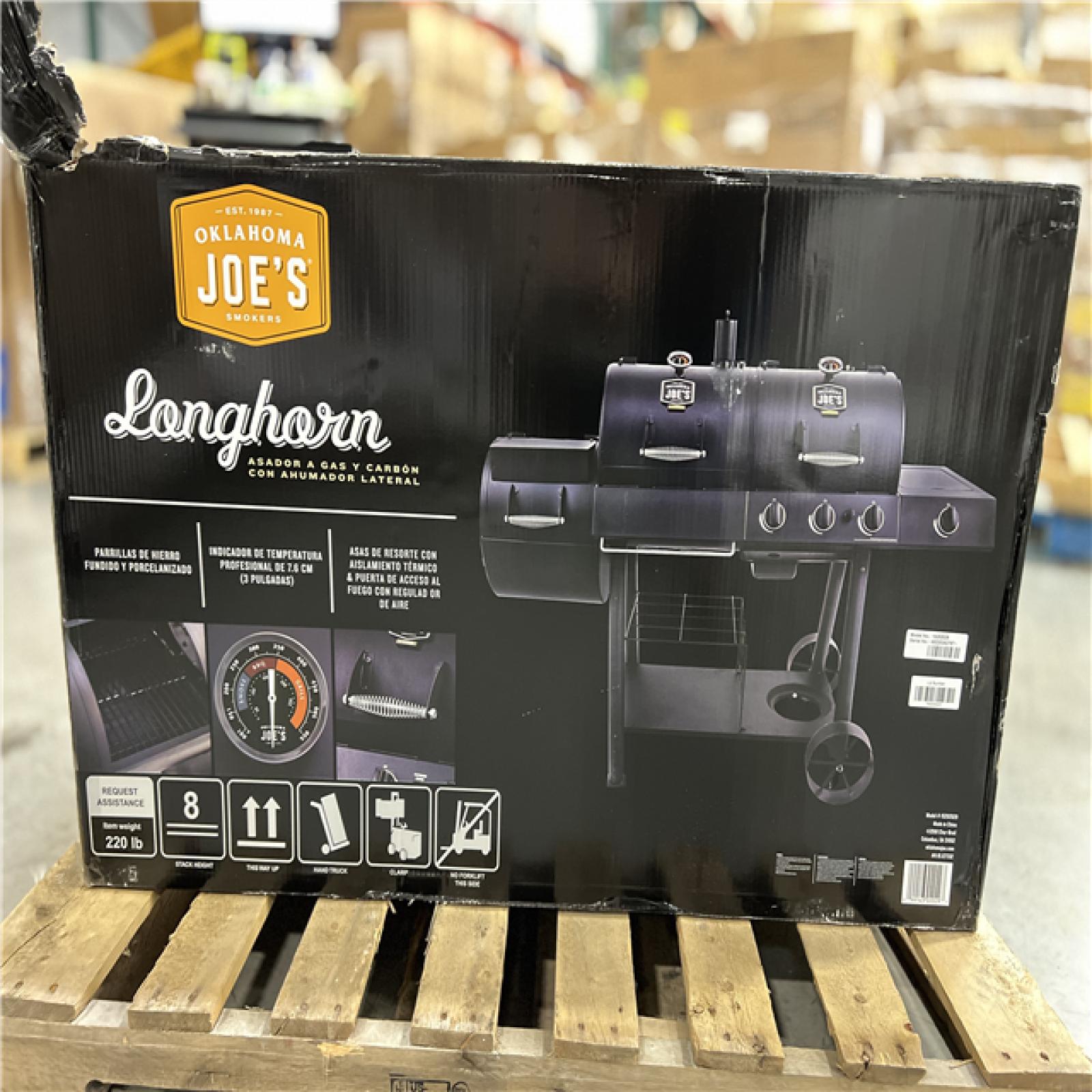 DALLAS LOCATION- NEW! OKLAHOMA JOE'S Longhorn Combo 3-Burner Charcoal and Gas Smoker Grill in Black with 1,060 sq. in. Cooking Space