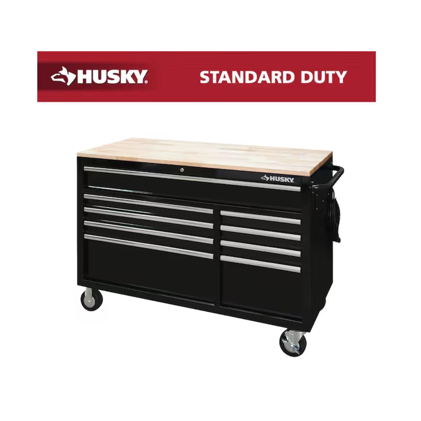 DALLAS LOCATION - Husky 52 in. W x 25 in. D Standard Duty 9-Drawer Mobile Workbench Tool Chest with Solid Wood Top in Gloss Black PALLET-(2 UNITS)