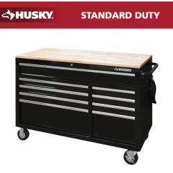 DALLAS LOCATION - Husky 52 in. W x 25 in. D Standard Duty 9-Drawer Mobile Workbench Tool Chest with Solid Wood Top in Gloss Black PALLET-(2 UNITS)