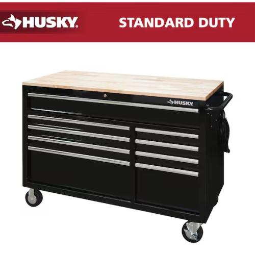 DALLAS LOCATION - Husky 52 in. W x 25 in. D Standard Duty 9-Drawer Mobile Workbench Tool Chest with Solid Wood Top in Gloss Black PALLET-(2 UNITS)