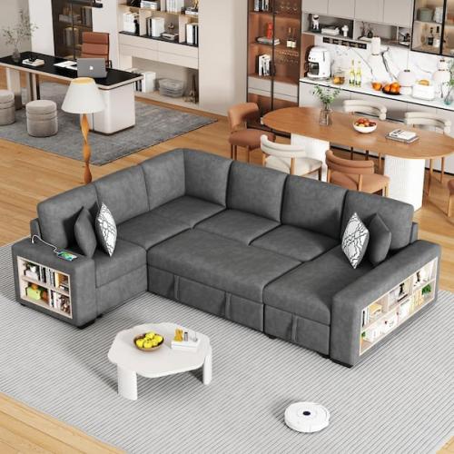 Phoenix LIKE NEW Nestfair 109 in. Chenille U-Shaped Sectional Sofa Pull-Out Sofa Bed in. Gray with 2 USB Ports and Storage Shelves