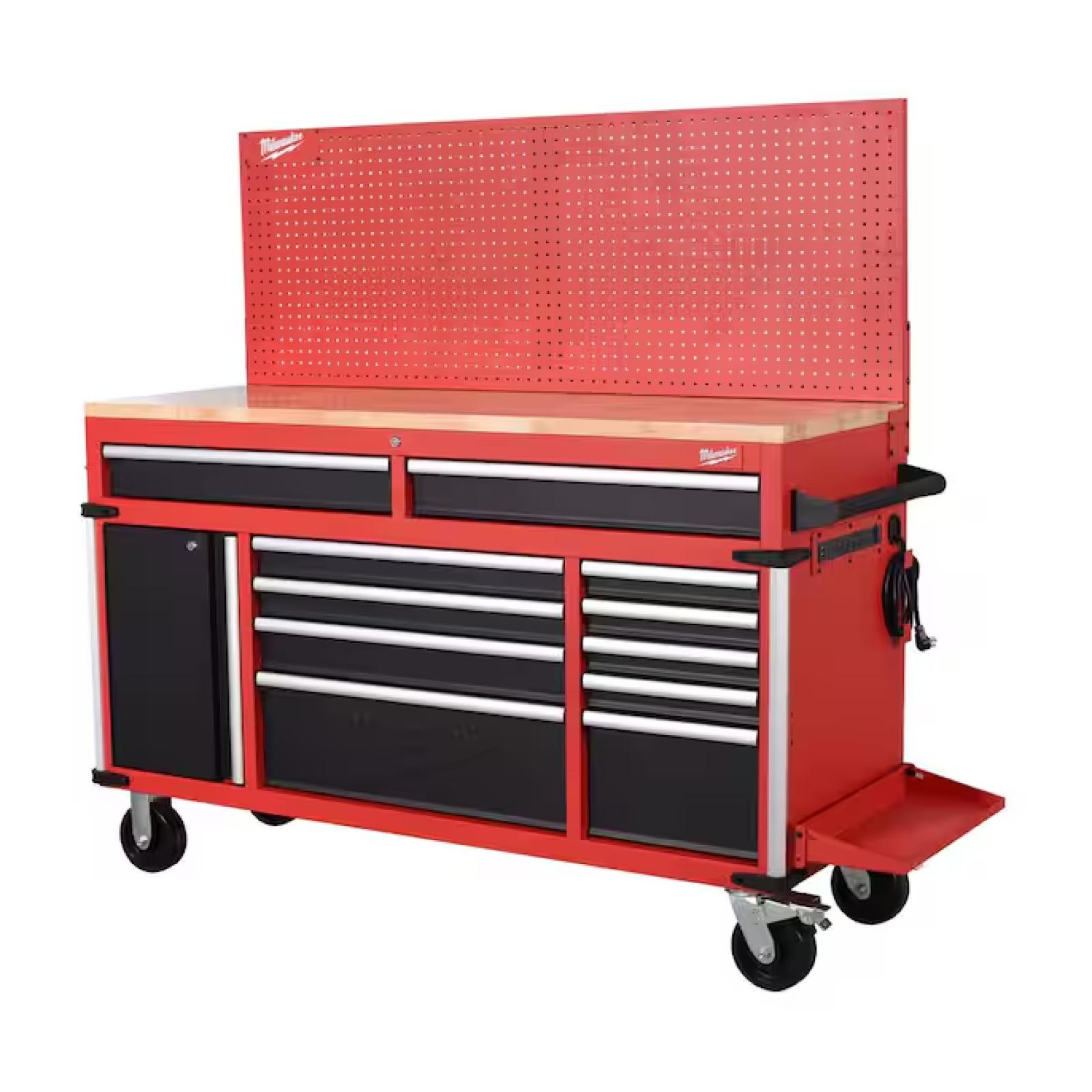 DALLAS LOCATION- Milwaukee High-Capacity 61 in. W x 22 in. D 11-Drawer Mobile Workbench Cabinet with Solid Wood Top and Pegboard