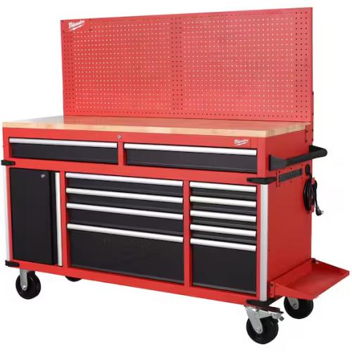 DALLAS LOCATION- Milwaukee High-Capacity 61 in. W x 22 in. D 11-Drawer Mobile Workbench Cabinet with Solid Wood Top and Pegboard