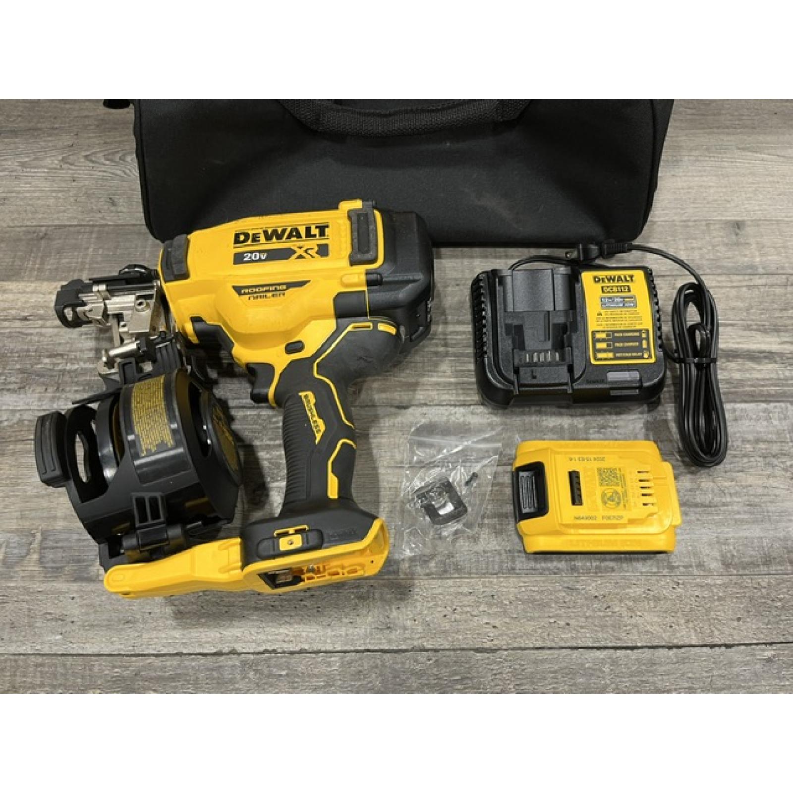 AS-IS DEWALT 20V MAX Lithium-Ion 15-Degree Electric Cordless Roofing Nailer Kit