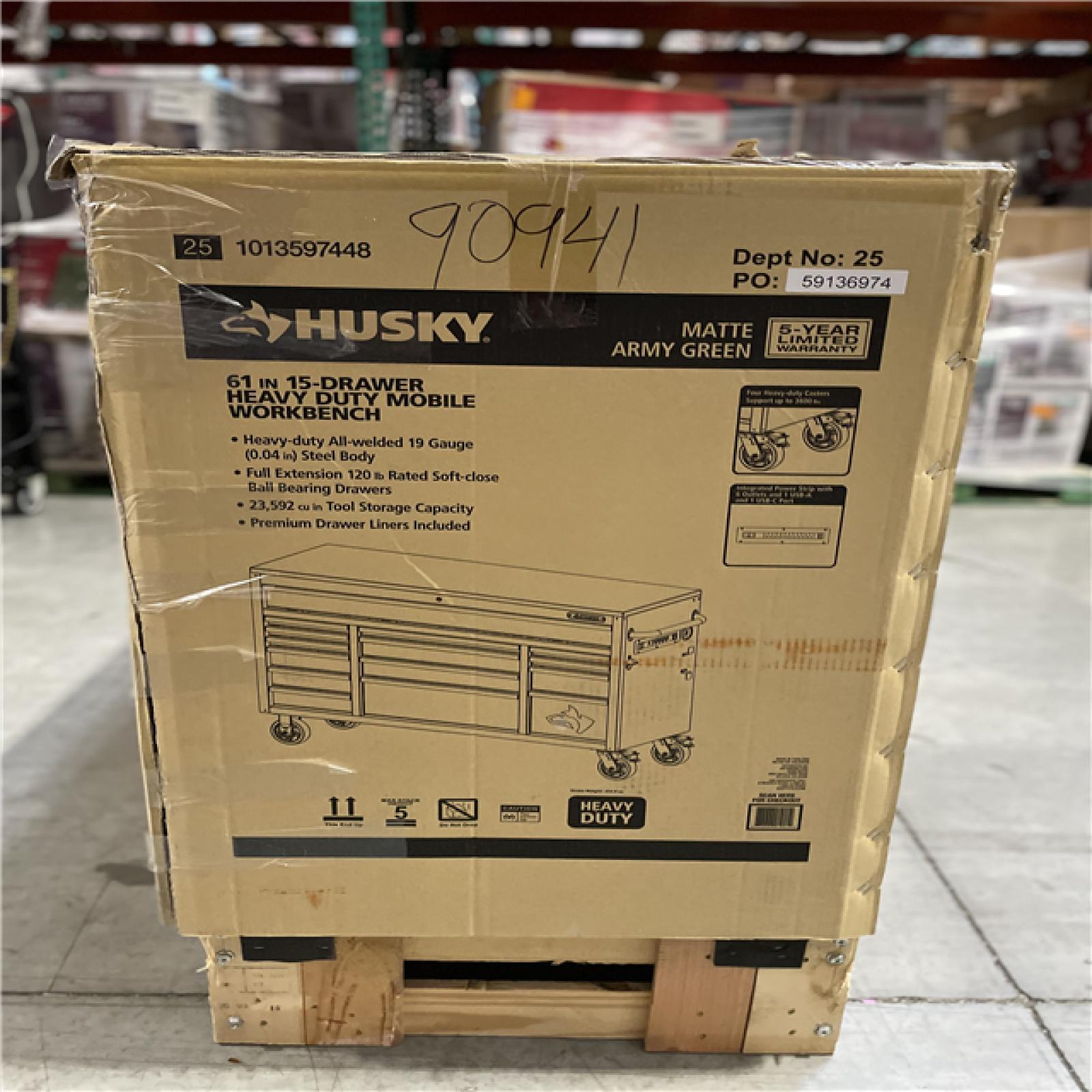 DALLAS LOCATION - AS-IS HUSKY Heavy Duty 61 in. W x 23 in. D 15-Drawer Matte Army Green Mobile Workbench Cabinet with Solid Wood Top