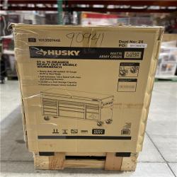DALLAS LOCATION - AS-IS HUSKY Heavy Duty 61 in. W x 23 in. D 15-Drawer Matte Army Green Mobile Workbench Cabinet with Solid Wood Top