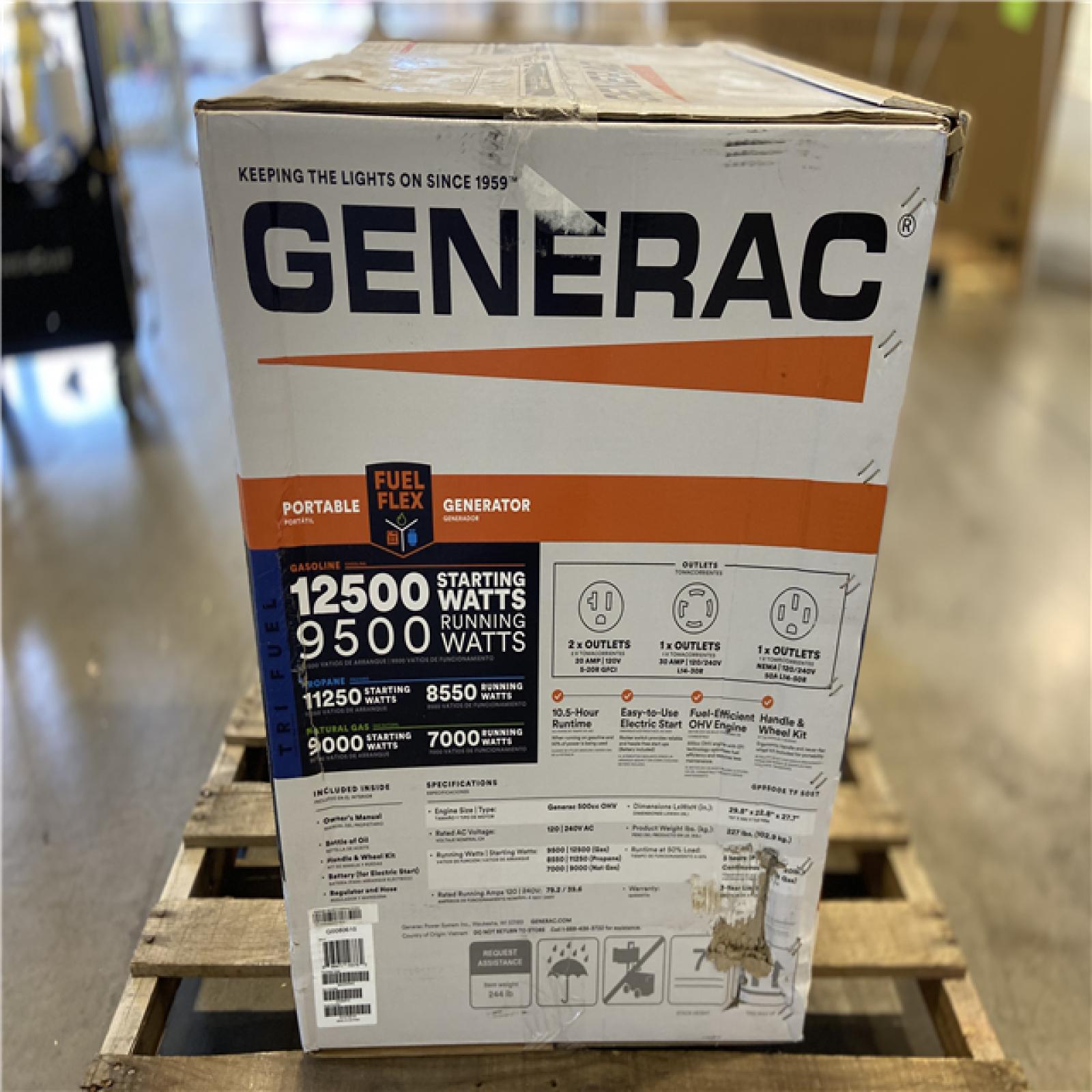 DALLAS LOCATION - Generac 12500/9500-Watt Tri-Fuel Portable Generator, Easy-To-Use Electric Start