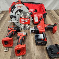 AS-IS  Milwaukee M18 18-Volt Lithium-Ion Brushless Cordless Combo Kit (4-Tool) with 2-Batteries, 1-Charger and Tool Bag