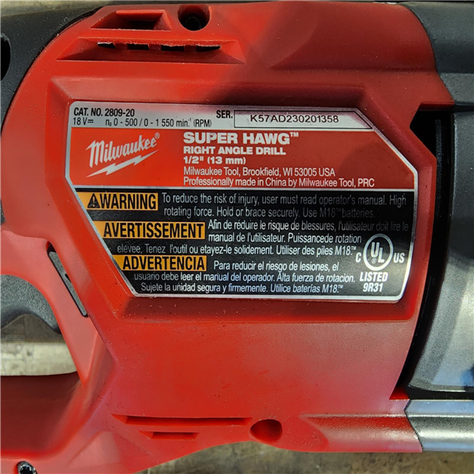 HOUSTON LOCATION - AS-IS Milwaukee M18 18V Fuel 1/2 Right Angle Drill Super Hawg Cordless Lithium-Ion 2809-20 (TOOL ONLY)