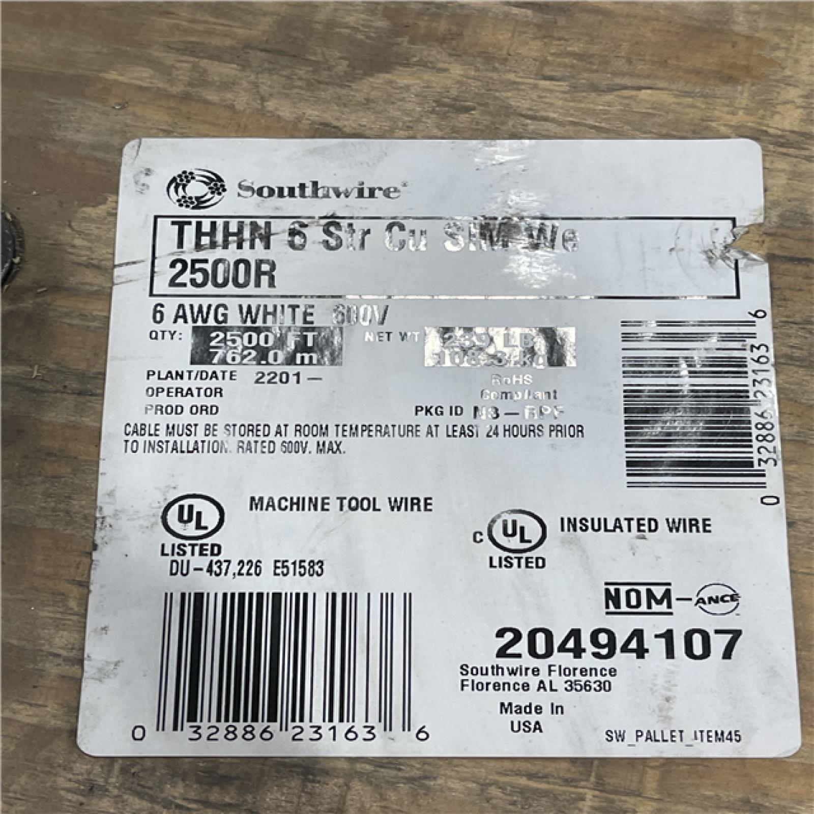 DALLAS LOCATION - AS-IS Southwire 2,500 ft. 6 White Stranded CU SIMpull THHN Wire (SEE NOTES)