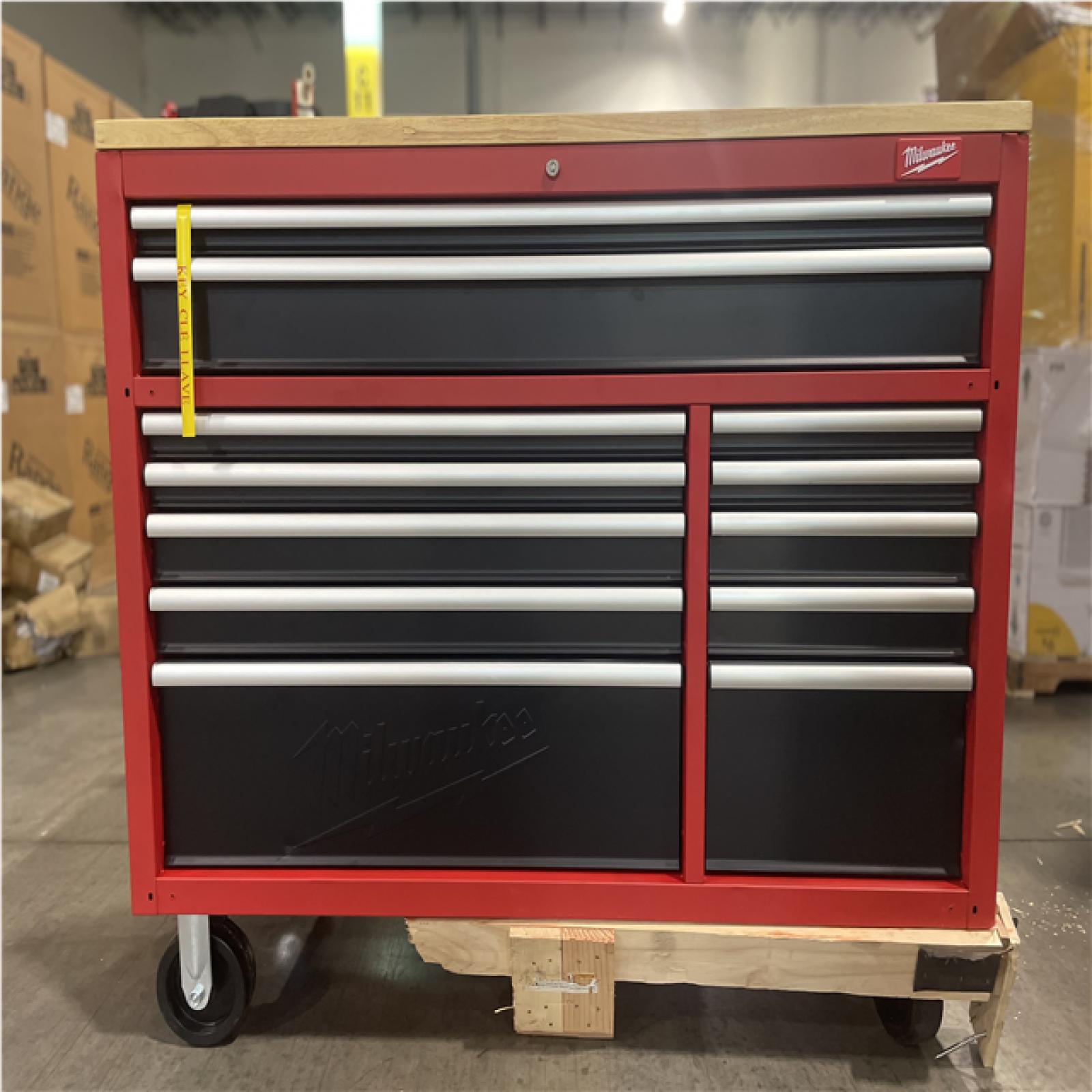 DALLAS LOCATION- AS-IS MILWAUKEE 52 in. W x 22.1 in. D 12-Drawer Mobile Workbench w/ Solid Wood Top