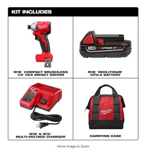 NEW! - Milwaukee M18 18-Volt Lithium-Ion Compact Brushless Cordless 1/4 in. Impact Driver Kit - 2 UNITS