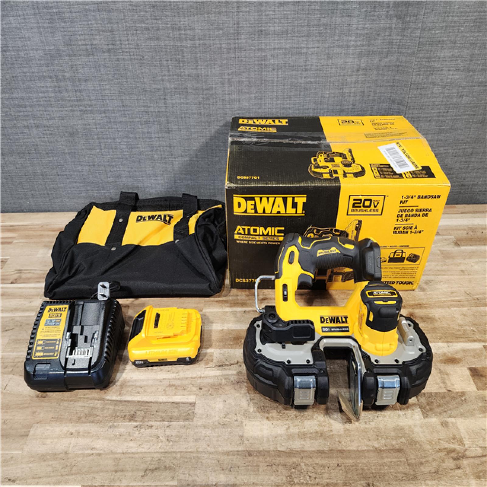 HOUSTON LOCATION - AS-IS DEWALT ATOMIC 20V MAX Lithium-Ion Cordless Brushless 1-3/4 in. Bandsaw Kit with 4.0Ah Battery  Charger and Bag