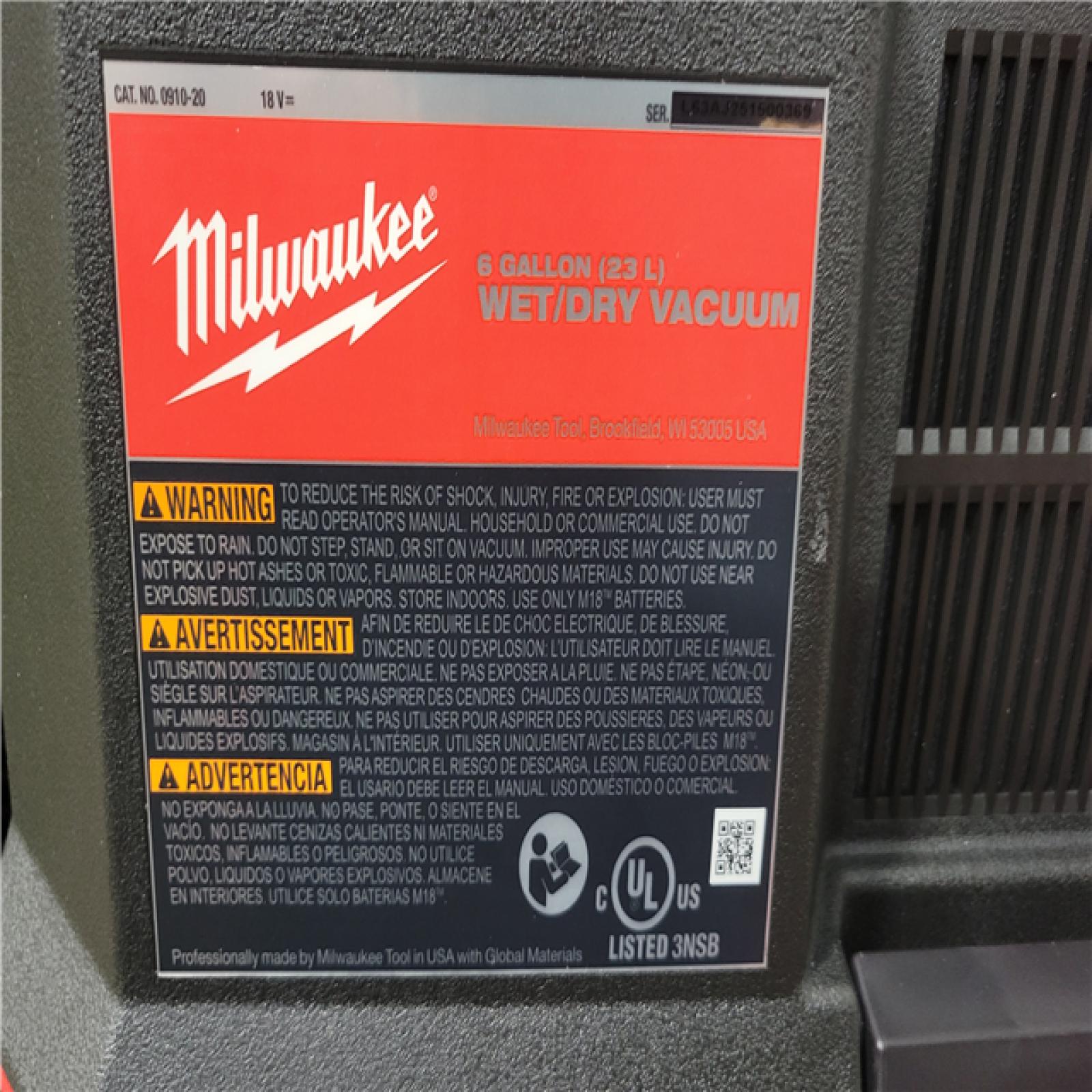 California NEW Milwaukee 6-Gallon Wet/Dry Vacuum (Tool Only)