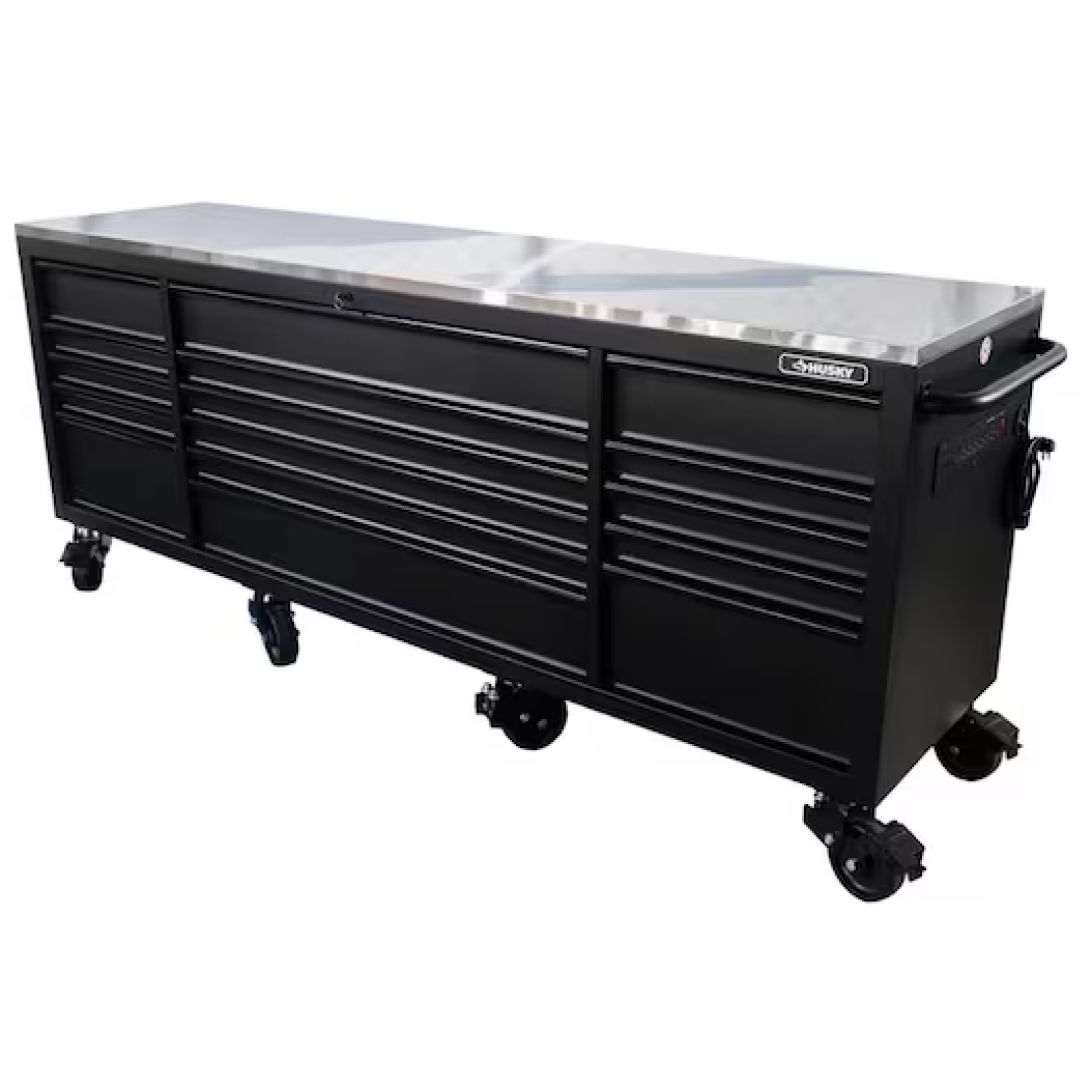 DALLAS LOCATION- AS-IS HUSKY 96 in. W x 24 in. D 16-Drawer Heavy-Duty Mobile Workbench Matte Black/Stainless Steel Top