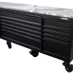 DALLAS LOCATION- AS-IS HUSKY 96 in. W x 24 in. D 16-Drawer Heavy-Duty Mobile Workbench Matte Black/Stainless Steel Top