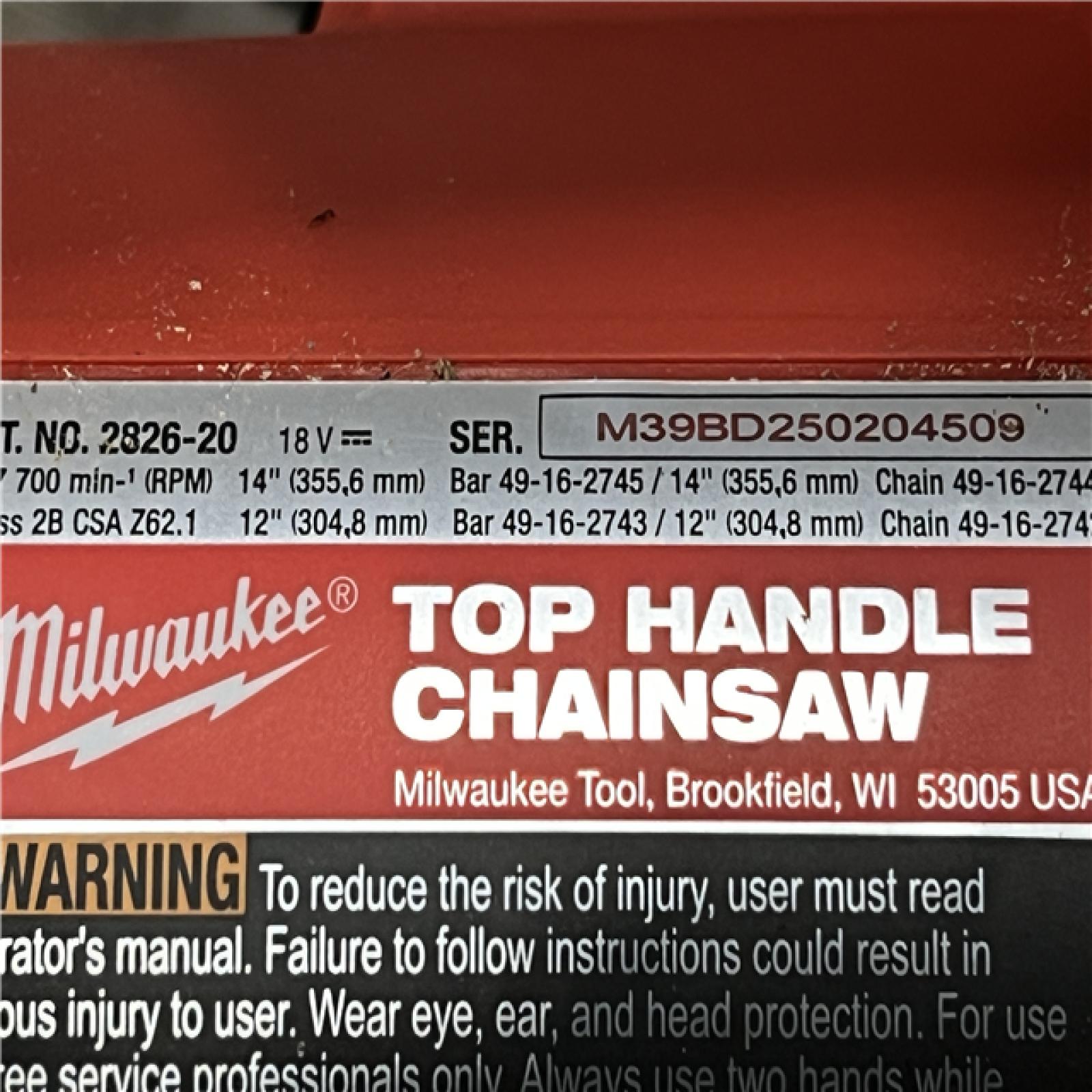 AS-IS Milwaukee FUEL 14 in. 18V Lithium-Ion Brushless Cordless Battery Top Handle Chainsaw (Tool Only)