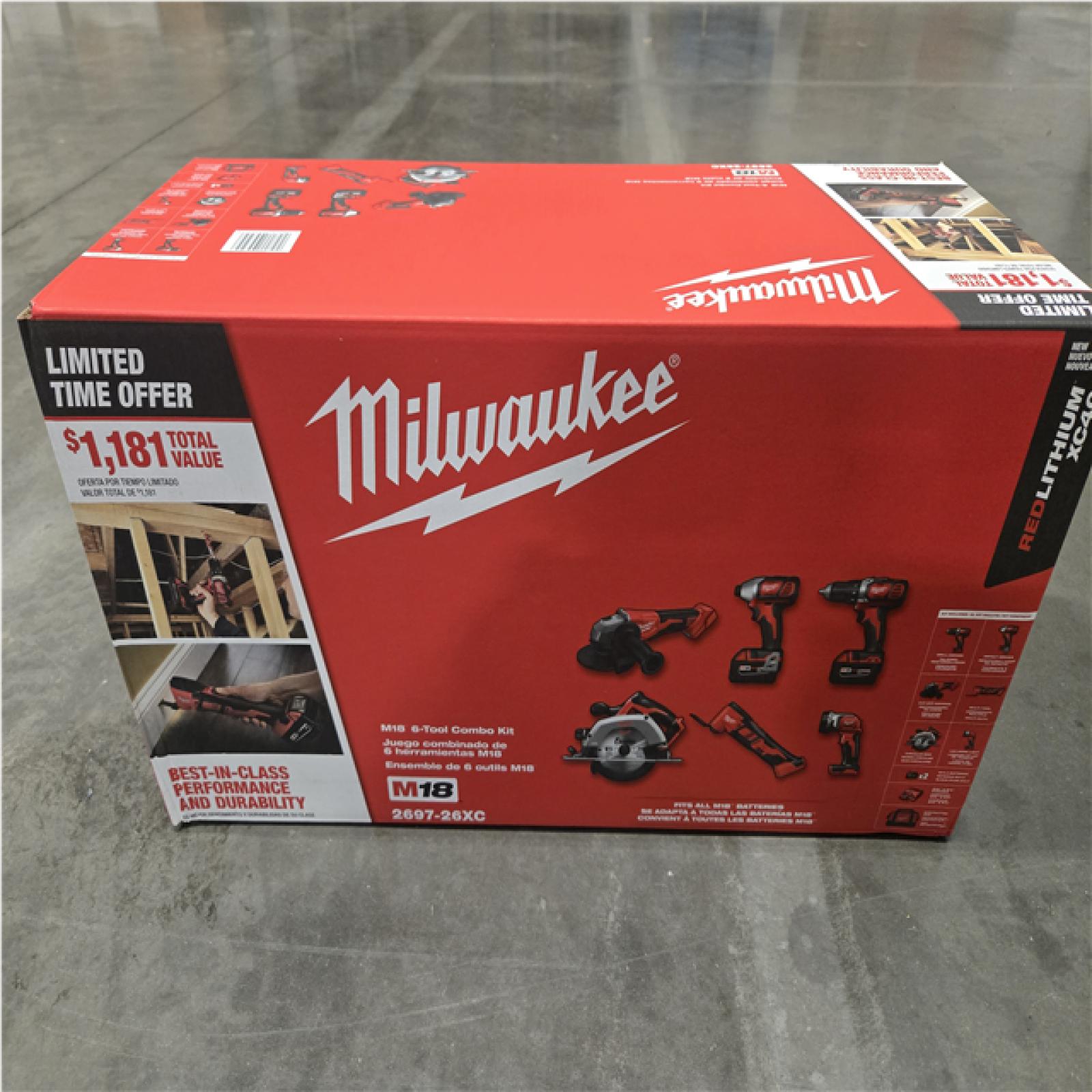 NEW- M18 18-Volt Lithium-Ion Cordless Combo Kit (6-Tool) with 2-Batteries  Charger and Tool Bag