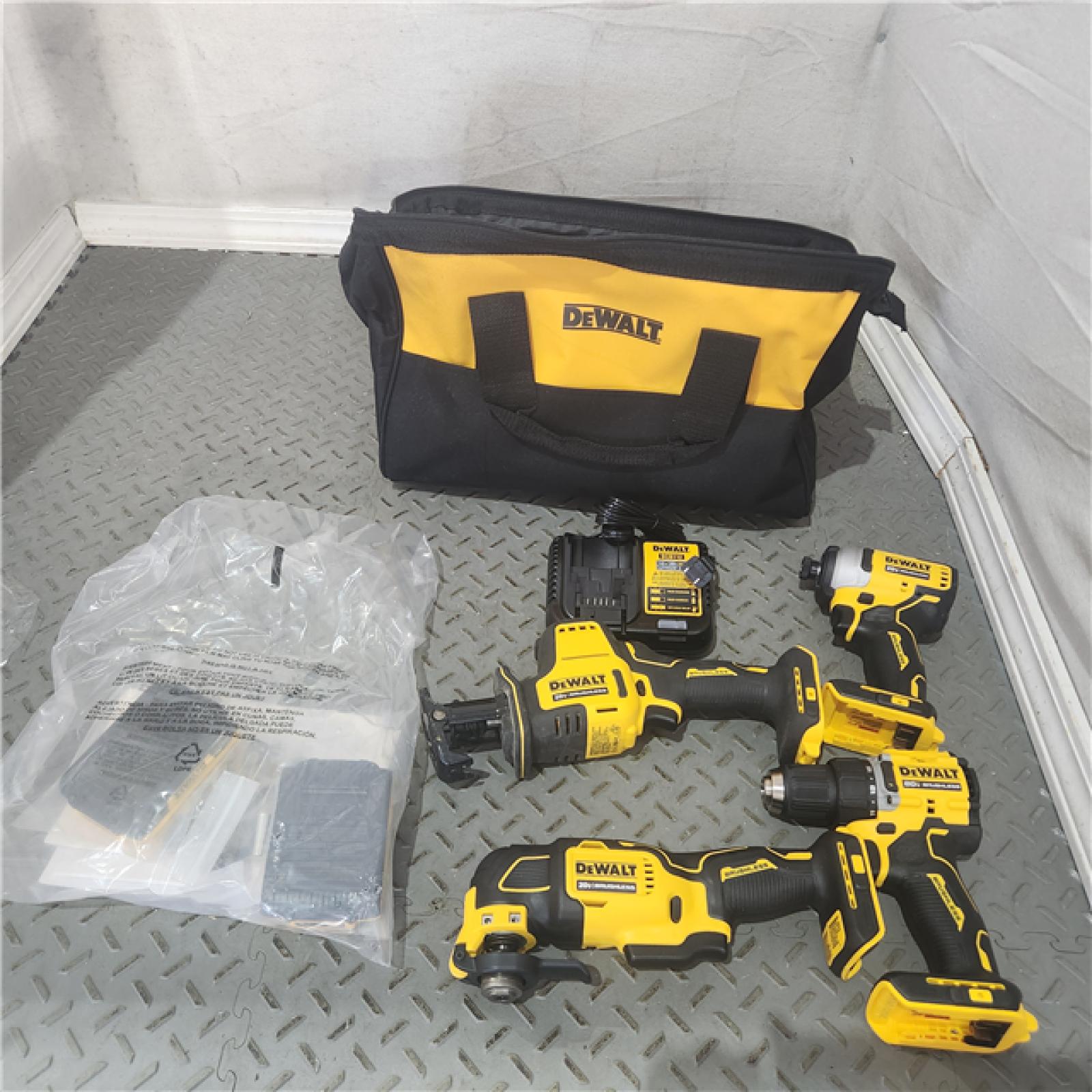HOUSTON Location-AS-IS-DEWALT ATOMIC 20-Volt Lithium-Ion Cordless Brushless Combo Kit (4-Tool) with (2) 2.0Ah Batteries, Charger and Bag