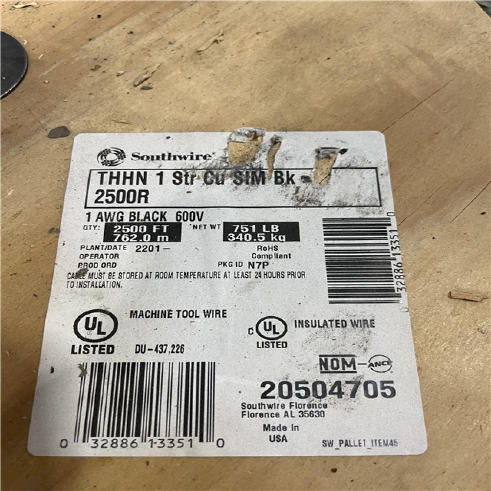 DALLAS LOCATION - AS-IS Southwire 2,500 ft. 1 Black Stranded CU SIMpull THHN Wire (SEE NOTES)