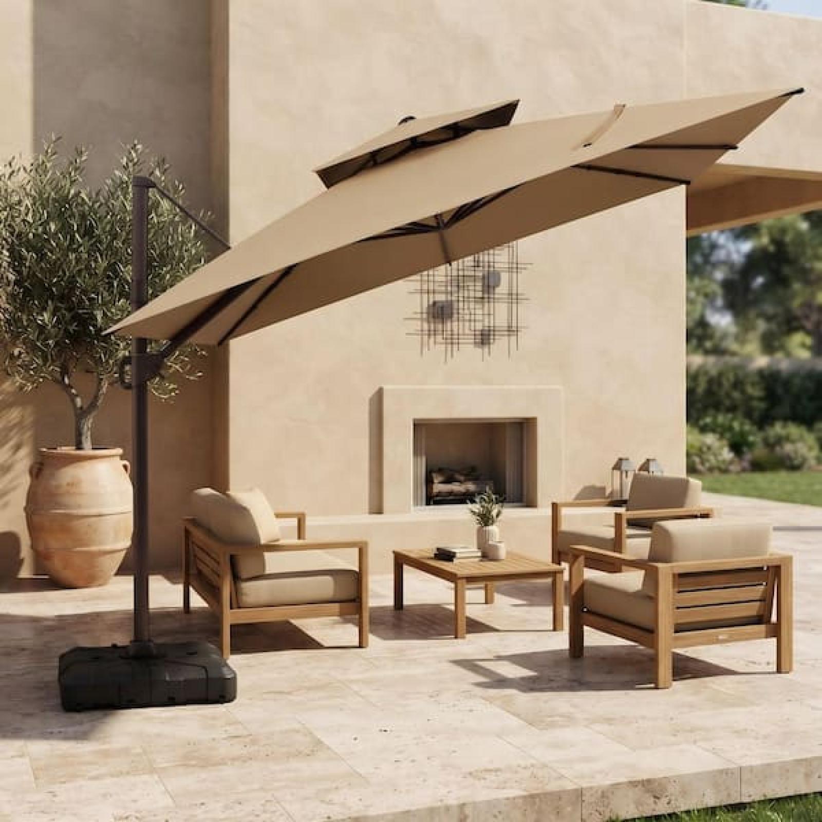 Phoenix NEW PURPLE LEAF 9 ft. x 11.5 ft. Aluminum UV-Resistant Outdoor Cantilever Offset 360° Rotation Patio Umbrella with Base  Beige