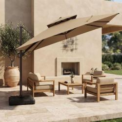 Phoenix NEW PURPLE LEAF 9 ft. x 11.5 ft. Aluminum UV-Resistant Outdoor Cantilever Offset 360° Rotation Patio Umbrella with Base  Beige