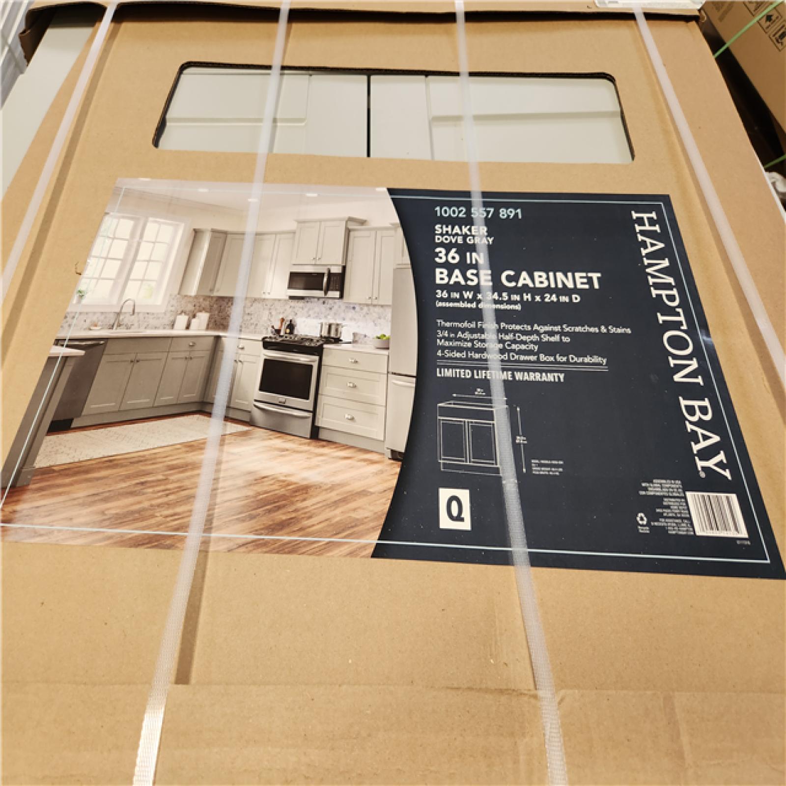 Phoenix Location Hampton Bay Shaker 36 in. W x 24 in. D x 34.5 in. H Assembled Base Kitchen Cabinet in Dove Gray with Ball-Bearing Drawer Glides Pallet (2-Cabinets)