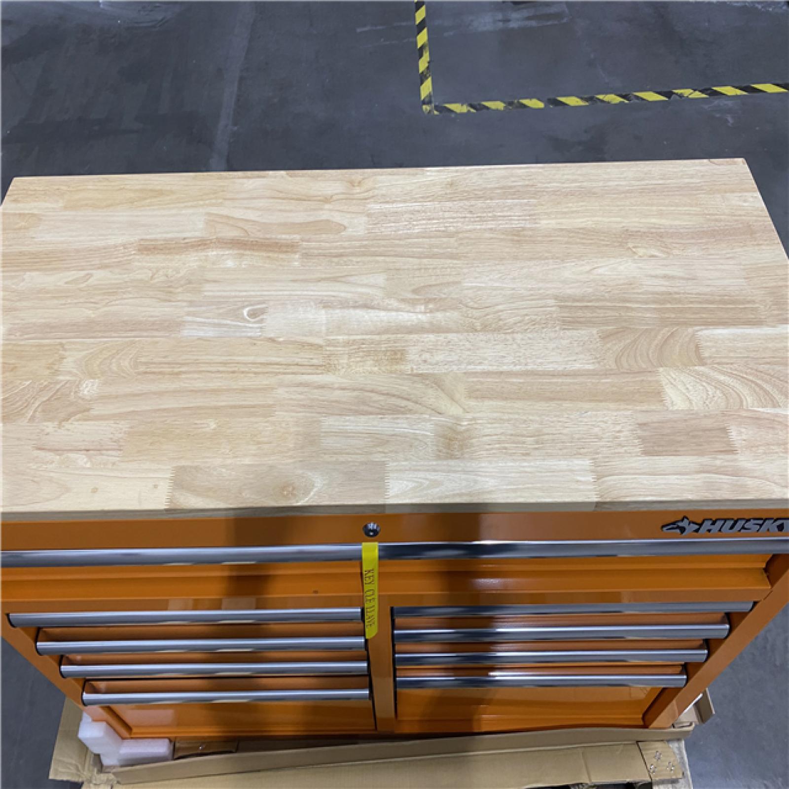 DALLAS LOCATION - Husky 46 in. W x 18 in. D 9-Drawer Gloss Orange Mobile Workbench Cabinet with Solid Wood Top