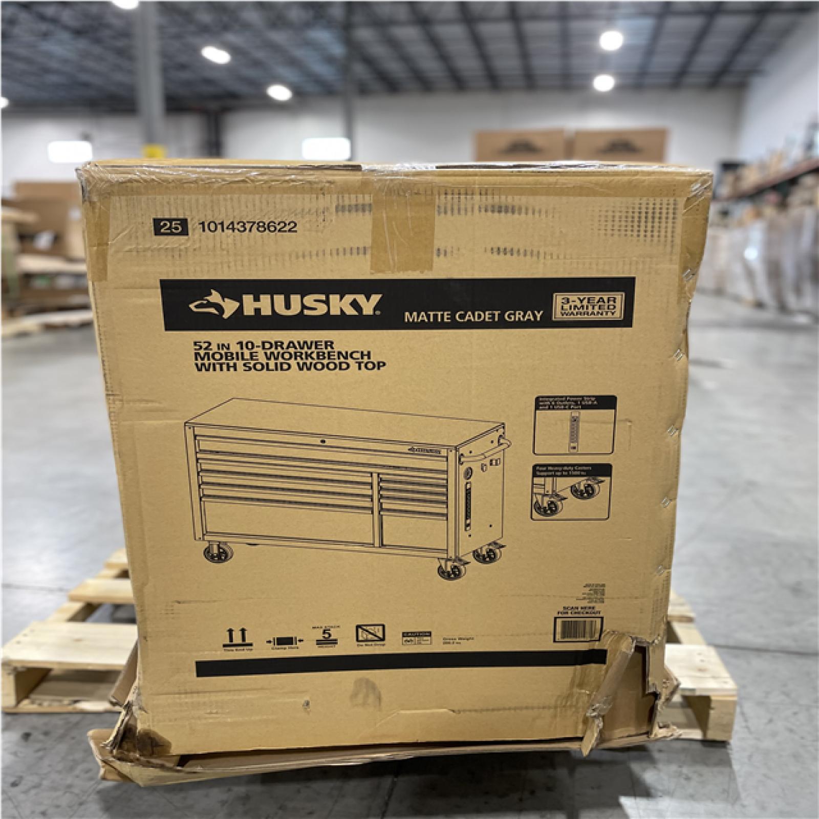 DALLAS LOCATION- AS-IS HUSKY 52IN. 10 DRAWER MOBILE WORKBENCH WITH SOLID WOOD TOP