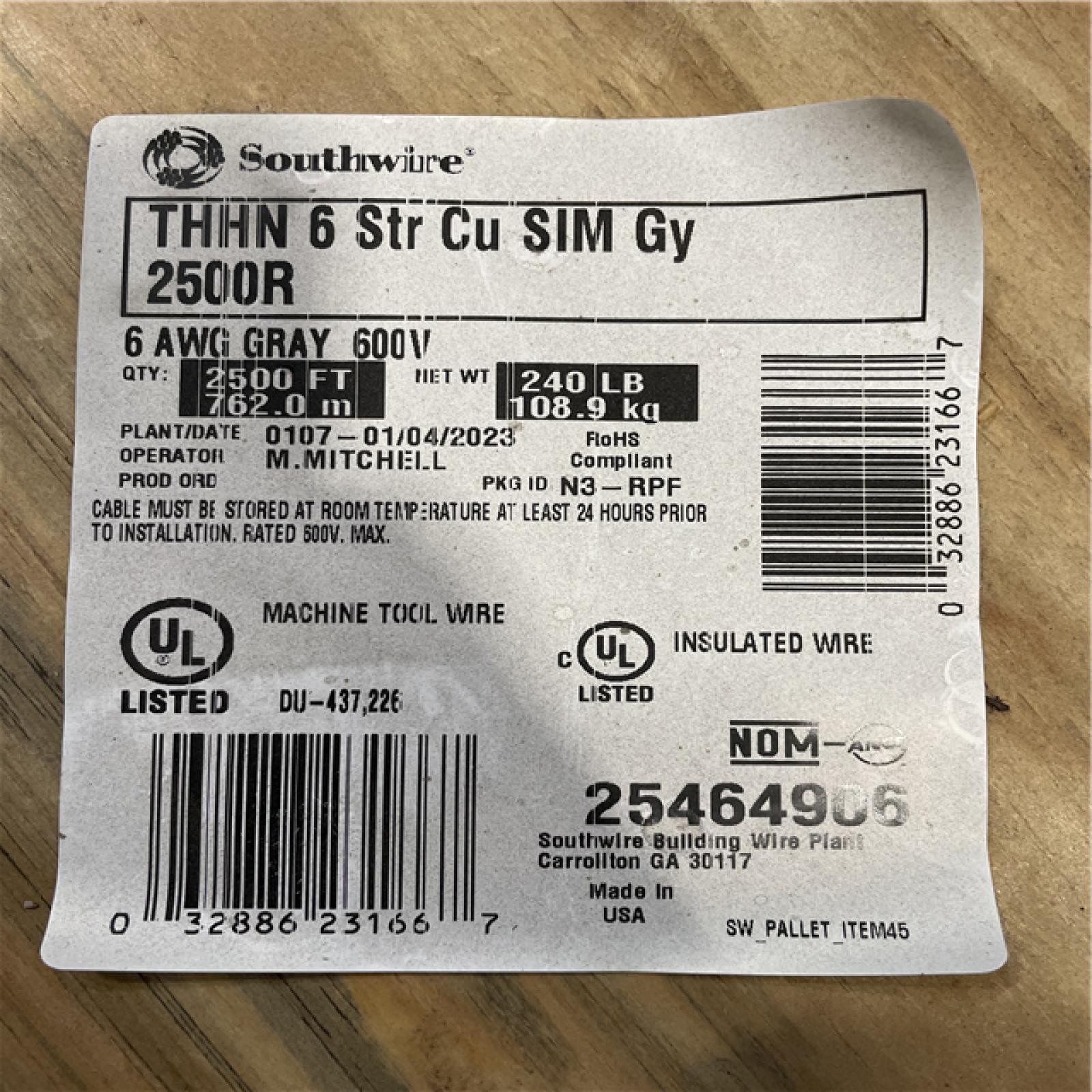 DALLAS LOCATION- Southwire 2,500 ft. 6 Gray Stranded CU SIMpull THHN Wire