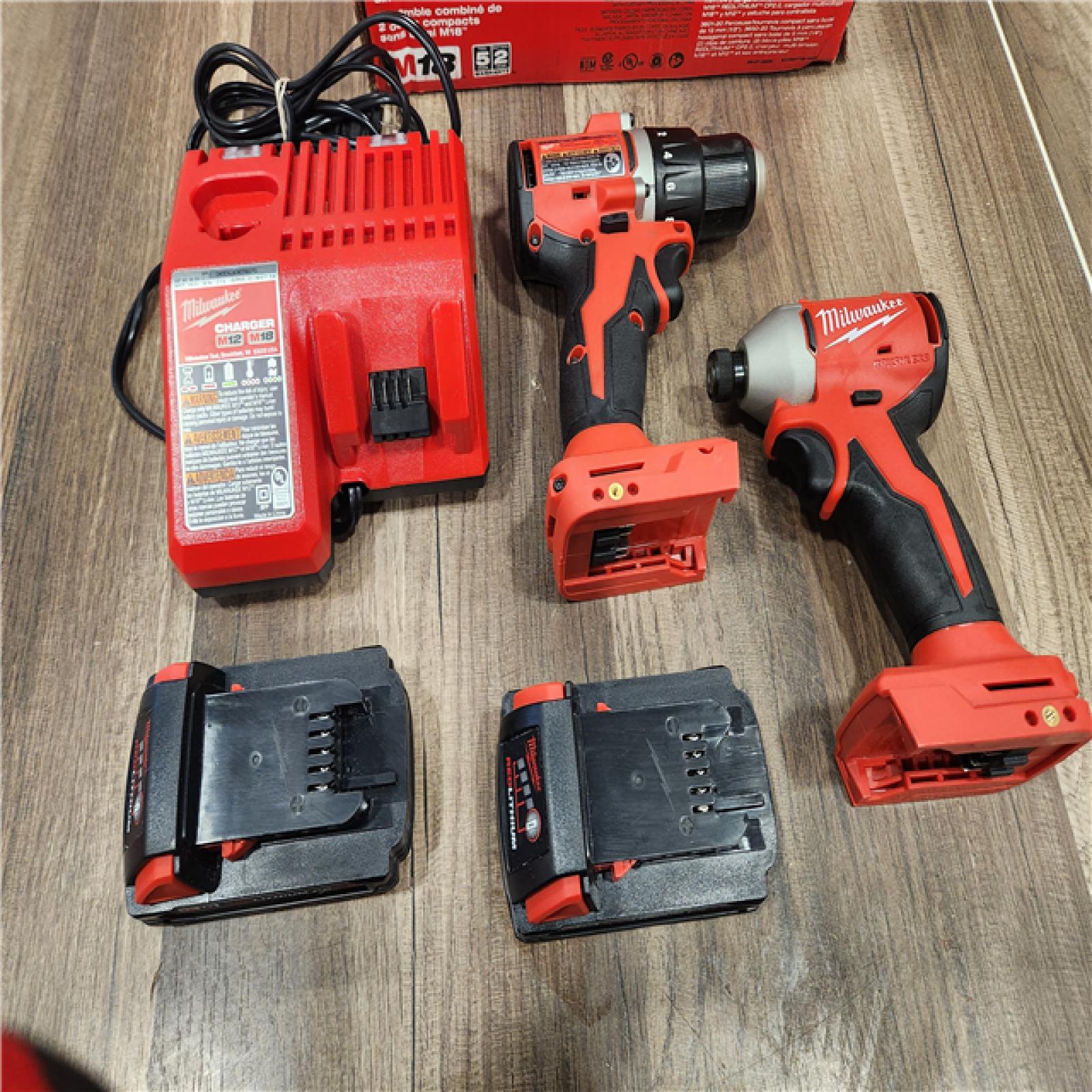 AS-IS Milwaukee M18 18V Lithium-Ion Brushless Cordless Compact Drill/Impact Combo Kit (2-Tool) W/(2) 2.0 Ah Batteries, Charger & Bag