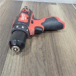 AS-IS MILWAUKEE M12 12V Lithium-Ion Cordless 3/8 in. Drill/Driver Kit with Two 1.5 Ah Batteries, Charger and Tool Bag