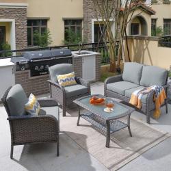 Phoenix NEW Toject Denali Gray 4-Piece 4-Seat Wicker Modern Outdoor Patio Conversation Sofa Seating Set with Dark Gray Cushions
